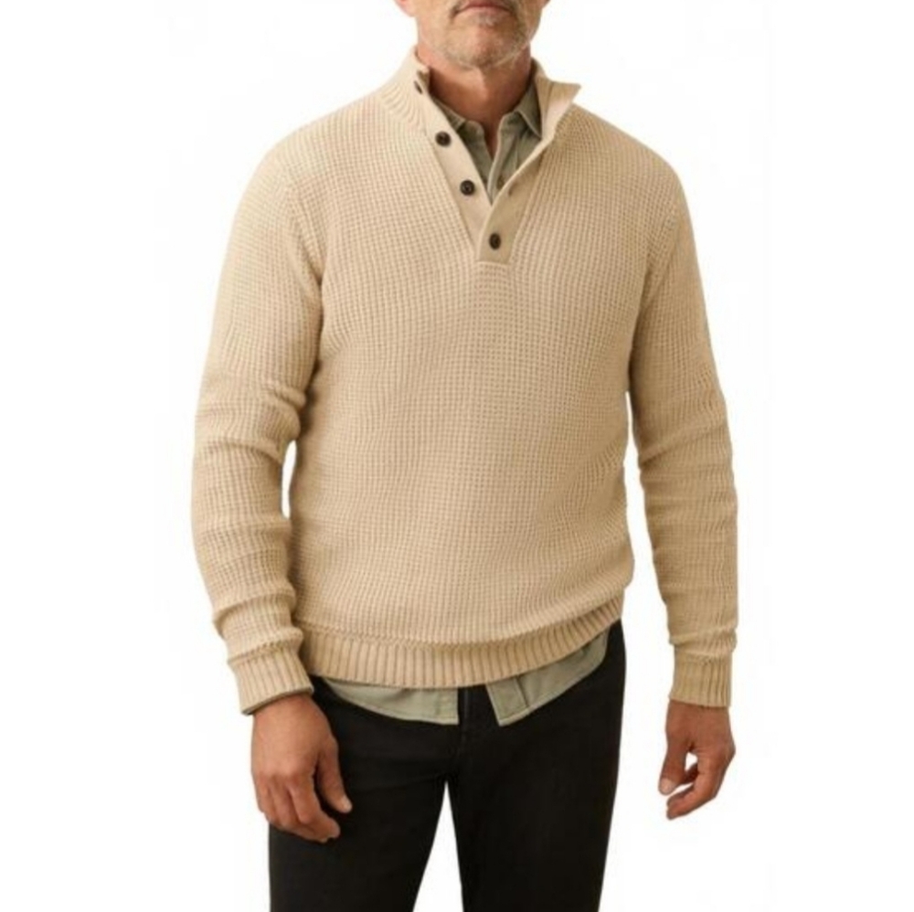 Faherty Quarter Button Sweater Men's Henley Top Alpine Khaki Cotton Cashmere